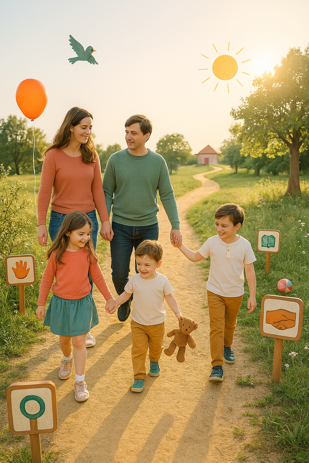 Pourquoi ce lieu ? Pour soutenir les familles dans leur rôle éducatif dès la petite enfance. Famille heureuse sous un soleil – image illustrant l’importance de la petite enfance et du soutien parental.