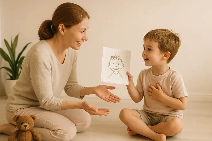 Mieux comprendre son enfant pour des relations plus sereines. Adulte écoutant un enfant qui dessine ses émotions – scène illustrant la compréhension des besoins émotionnels des enfants.