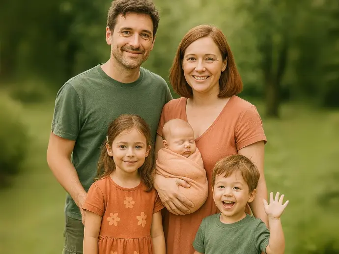 Accompagnement pour toutes les familles avec enfants de 0 à 6 ans. Famille de cinq personnes avec un bébé, une fille de 5 ans et un garçon de 3 ans – image représentative des familles avec enfants de 0 à 6 ans.