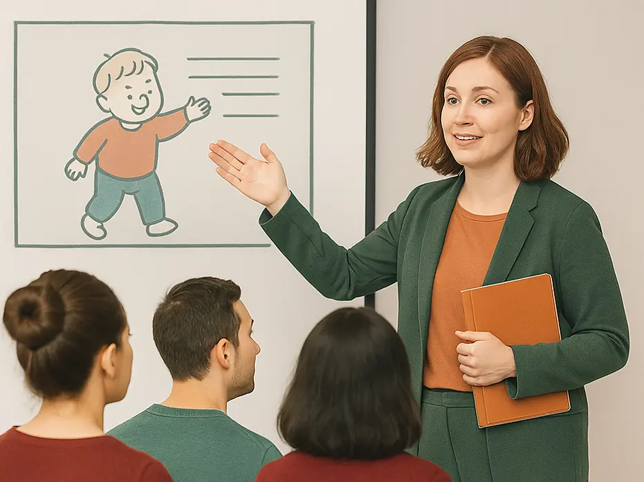 Formations pour les professionnels de la petite enfance. Formatrice en train d’animer une session avec des professionnelles de la petite enfance.